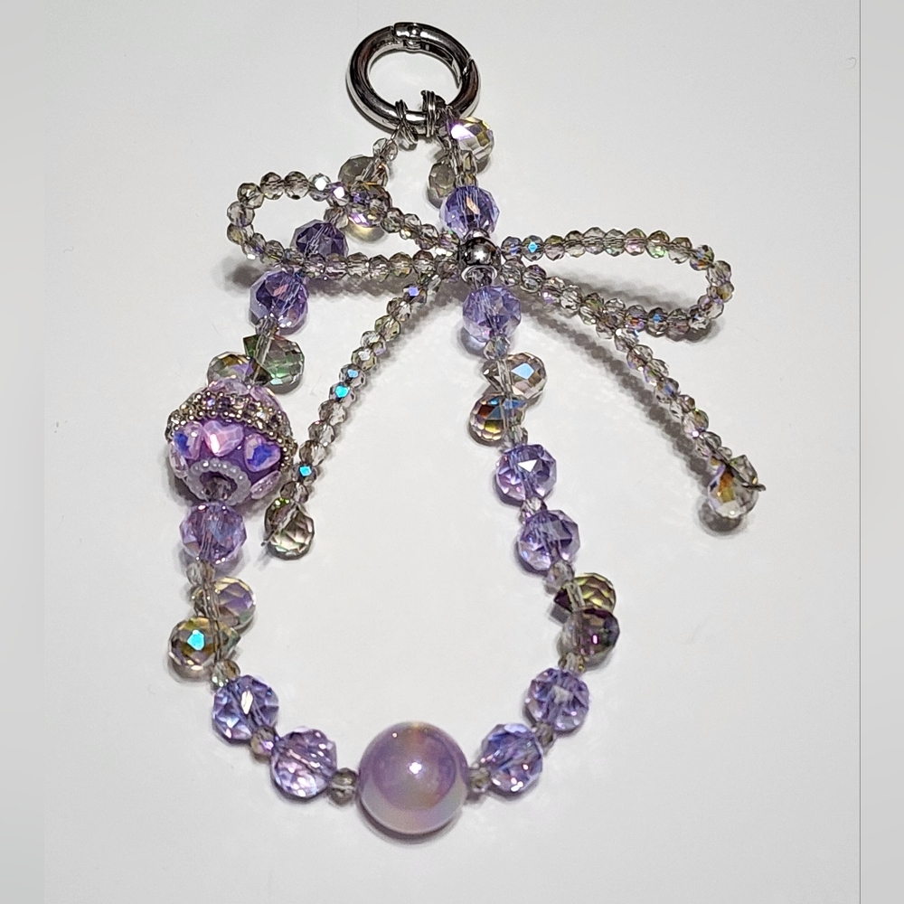 Purple Beaded Phone Chain‎ Keychain Bow Bag Clip Irredescent Gift Stocking Stuff